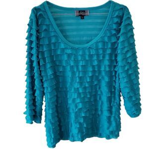 🌸Slinky Brand Vintage Blue Ruffle 3/4 Sleeve Blouse